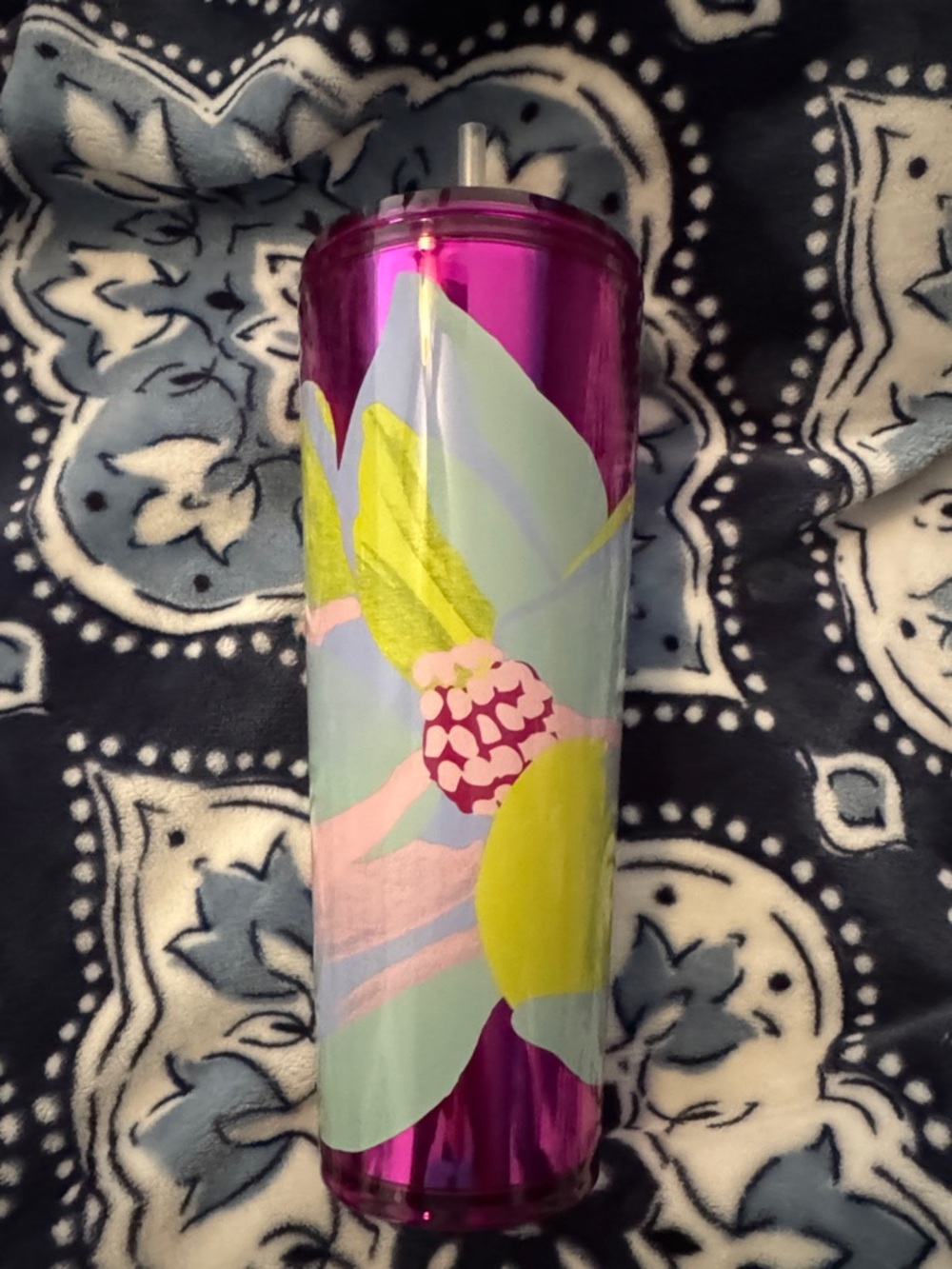 Starbucks Pink Metallic Floral Tumbler with Yellow & Mint Accents